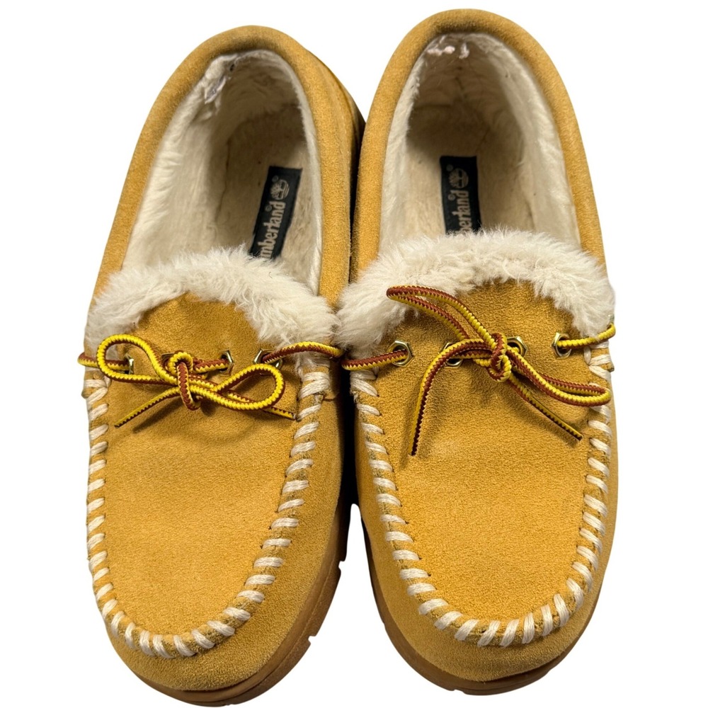 Timberland Moccasin Slippers Womens Wheat Suede Faux Fur Lined Indoor Outdoor
